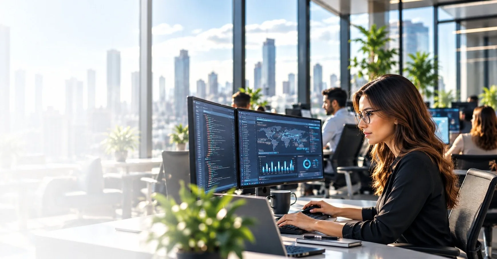 A software developer at her desk with code and a travel dashboard on her screens, in an office overlooking the city