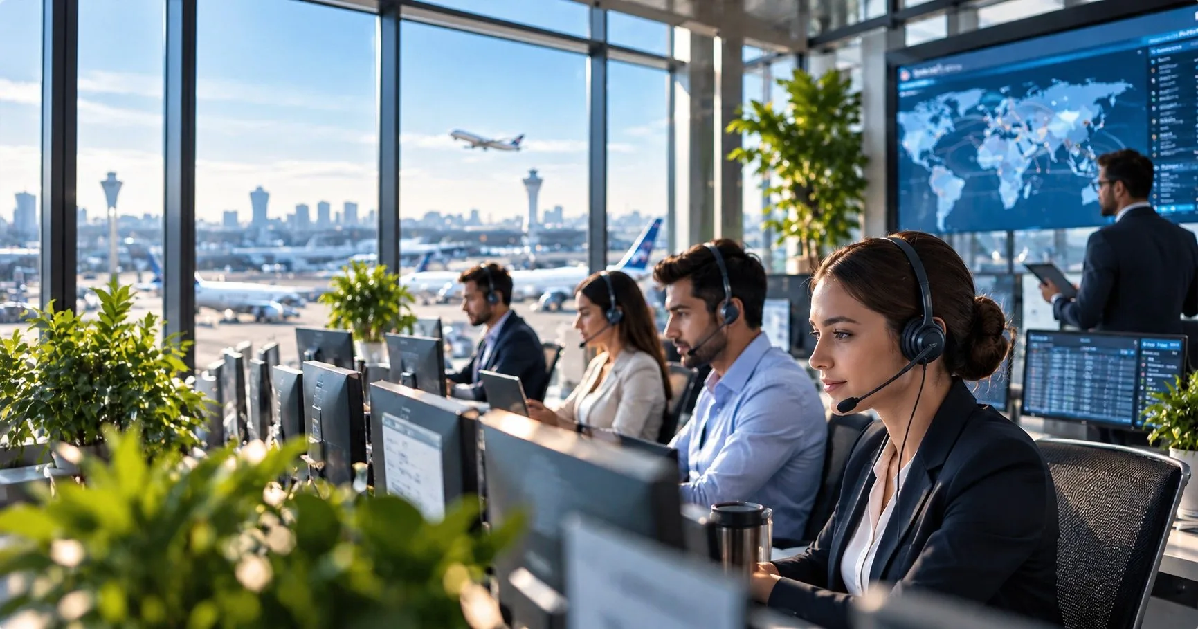 Travel support specialists on headsets at work in an operations centre overlooking an airport
