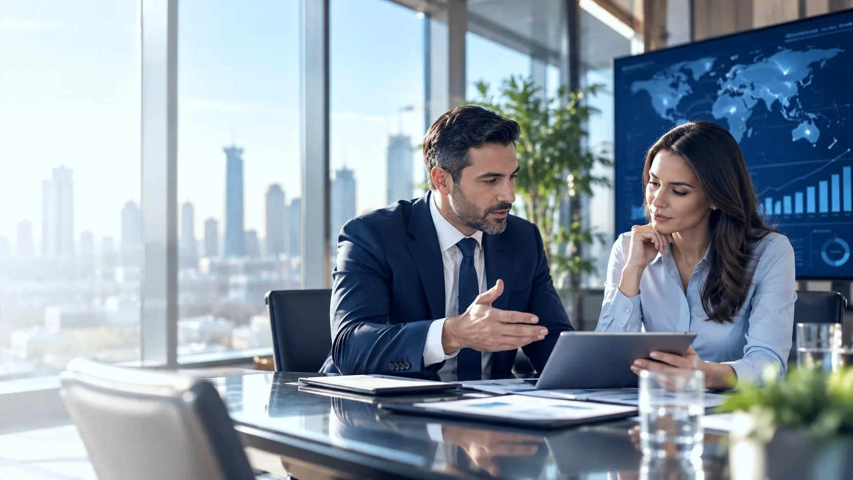 Two consultants reviewing a growth plan on a tablet in an office overlooking the city