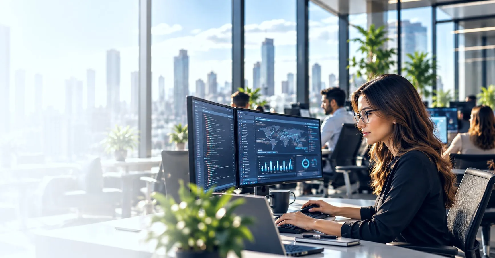 A software developer at her desk with code and a travel dashboard on her screens, in an office overlooking the city