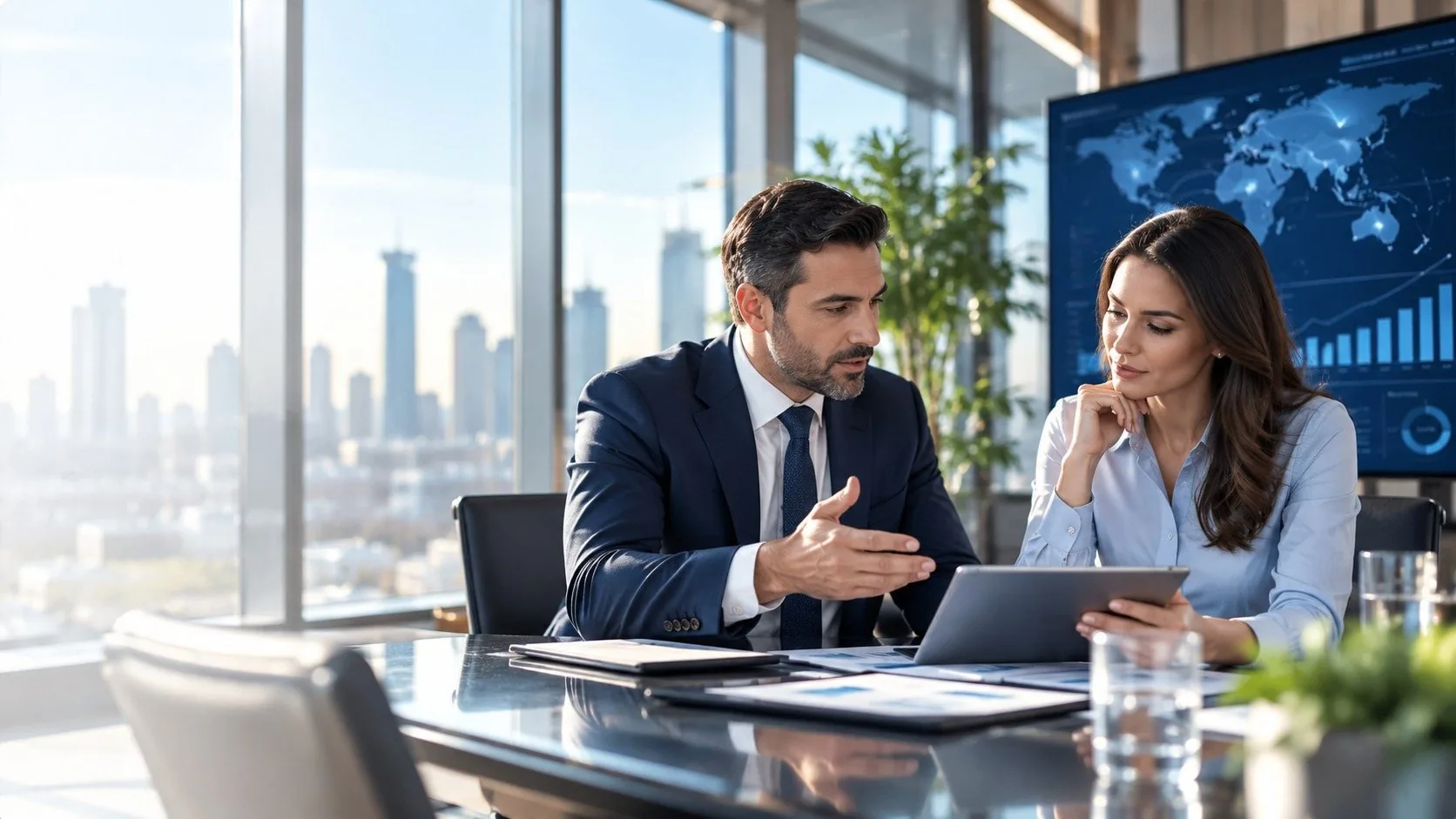 Two consultants reviewing a growth plan on a tablet in an office overlooking the city
